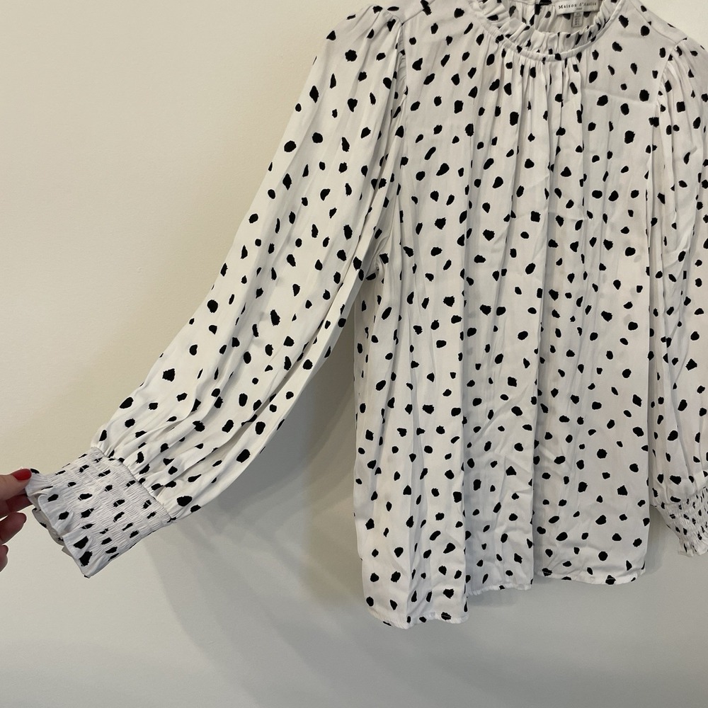Maison d'Amélie Paris Dalmatian Dot Blouse Large Ruffle Mock Neck Smocked Cuff L - Picture 15 of 16